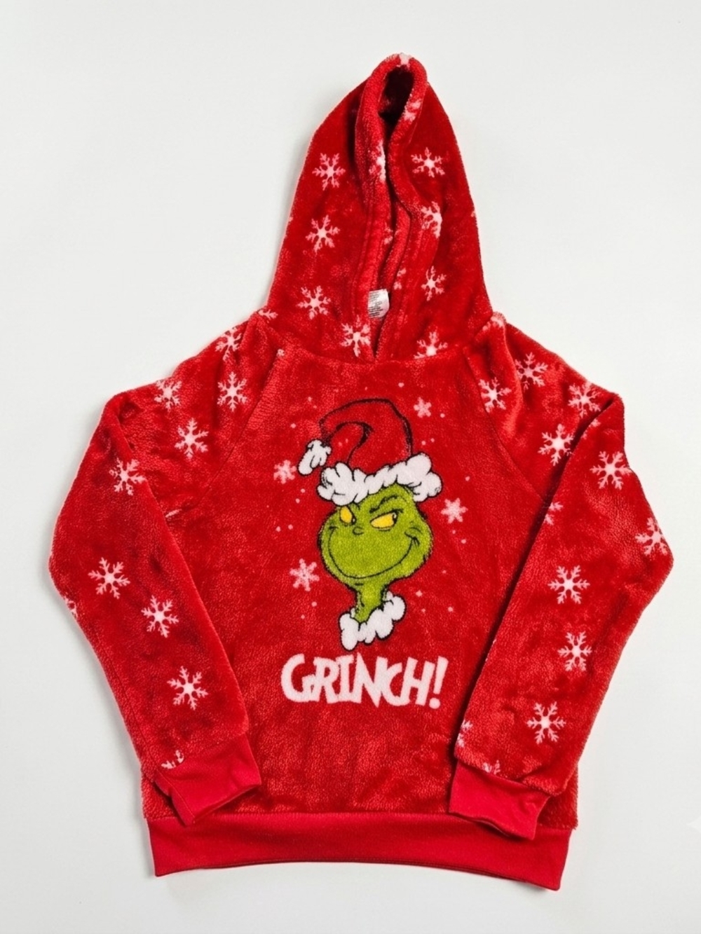 Dr Seuss The Grinch Red Snowflake Plush Fleece Hoodie Size 10/12